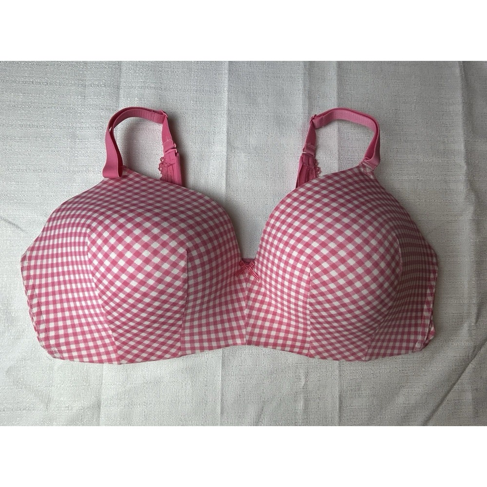 Cacique Women Bra 42DD Wire Free Lightly Lined TShirt Pink White Plaid EUC‎